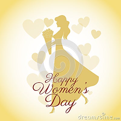 Happy womens day card-silhouette girl yellow hearts Vector Illustration