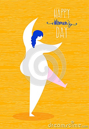 Happy Womens day curvy girl dancing card design Vector Illustration