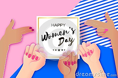 Happy Womens day. Fist raised up. We can do it. Fight like a girl. Feminine concept and woman empowerment design in Vector Illustration