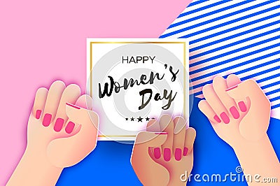 Happy Womens day. Fist raised up. We can do it. Fight like a girl. Feminine concept and woman empowerment design in Vector Illustration