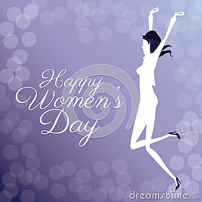 Happy womens day- jumping girl poster bubbles background Vector Illustration