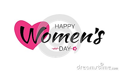 Happy Womens Day lettering on white background with pink heart flower. Vector Illustration of a greeting card. Vector Illustration