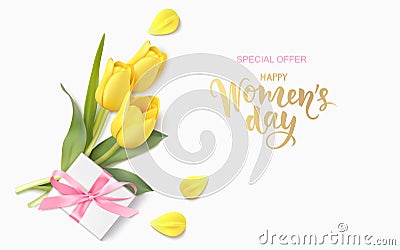 Happy Womens Day. 8 March design template. Calligraphic lettering text with decorative gift box and yellow tulip flowers. Flat lay Vector Illustration