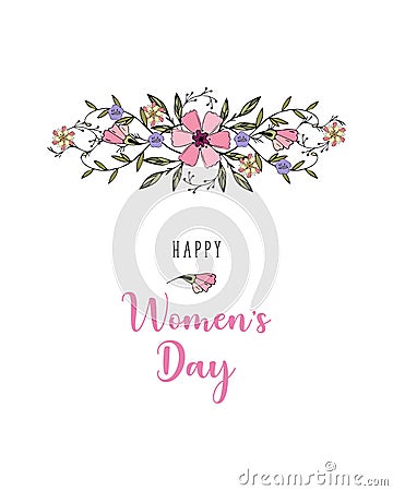 Happy Womens Day 8 march Greeting card with the inscription, heart, love, passion, lovers. Dudling flowers hand-drawing Vector Illustration