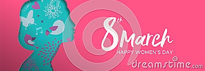 Happy Womens Day paper cut banner of woman head Vector Illustration