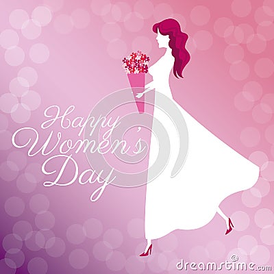 Happy womens day poster girl bouquet flowers bubbles background Vector Illustration