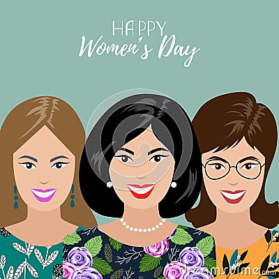 Three smiling Womens. Vector Templates for card, poster, flyer and other users Vector Illustration