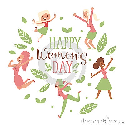 Happy womens day typography card, isolated women cartoon characters, people vector illustration Vector Illustration