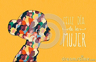 Happy Womens Day woman head card in spanish Vector Illustration