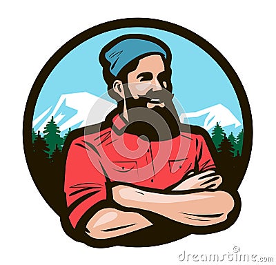 Happy woodcutter, lumberjack with arms crossed on chest. Cartoon vector illustration Vector Illustration