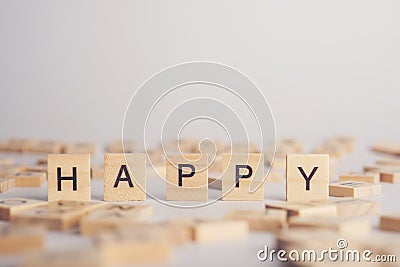 HAPPY wooden tile font Stock Photo