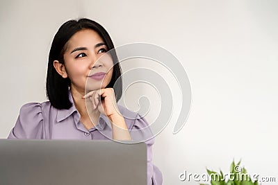 happy at work, Asian businesswoman smiling at office desk, Stock Photo