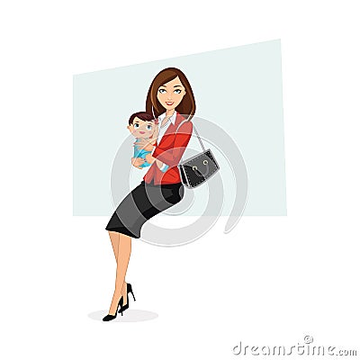 Happy Working Mom holding Baby Vector Illustration
