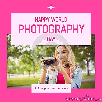 Happy world photography day text in pink with happy caucasian woman using camera in park Stock Photo