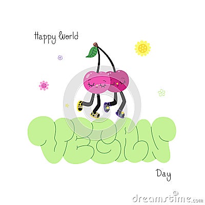 Happy World Vegan Day graffiti flop lettering with cherries Vector Illustration