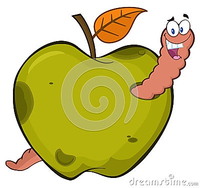 Happy Worm In A Rotten Green Apple Fruit Cartoon Mascot Character Design Vector Illustration