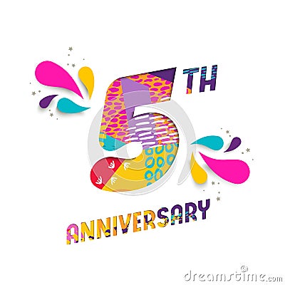 Happy 5 year anniversary paper cut greeting card Vector Illustration