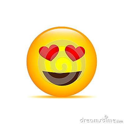 Happy yellow emoji face with hearts as eyes on white background Vector Illustration