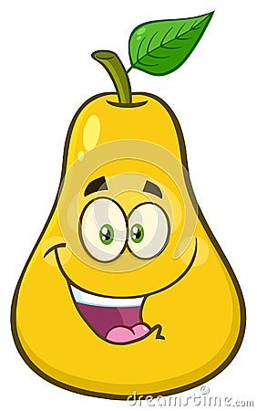 Happy Yellow Pear Fruit With Green Leaf Cartoon Mascot Character Vector Illustration