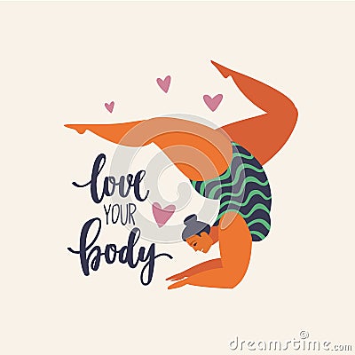 Happy yoga girl. Happy body positive concept. Different is beautiful. Attractive overweight woman. For Fat acceptance movement no Vector Illustration
