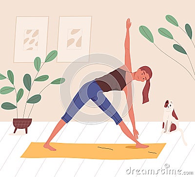Happy yogini enjoying training on mat at home vector flat illustration. Smiling woman practicing yoga, pilates or Vector Illustration