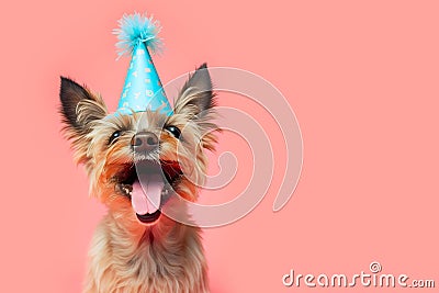 Happy Yorkshire terrier dog with birthday party hat isolated on pink red pastel background, copy space for text Stock Photo