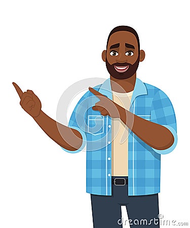 Happy young African man presenting or pointing finger to copy space. Trendy black person showing hand to introduce something. Vector Illustration