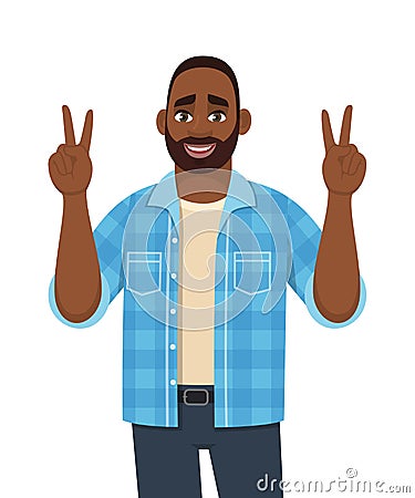 Happy young African man showing victory, peace, V or winning gesture with both hands. Trendy bearded person making success sign. Vector Illustration