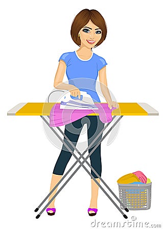 Happy young attractive woman ironing clothes. Housework Vector Illustration