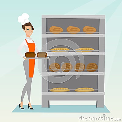 Happy young baker holding a tray with bread. Vector Illustration