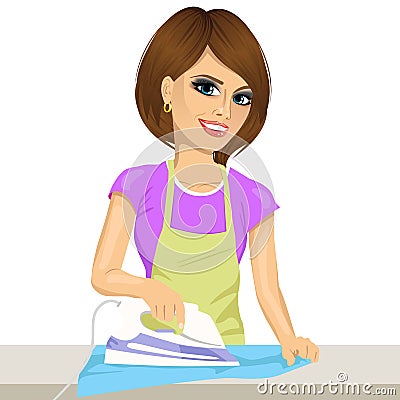 Happy young beautiful woman ironing clothes. Housework Vector Illustration