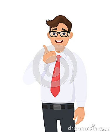 Happy young business man showing/gesturing thumbs up sign, dressed in formal wear and red colour tie. Human emotions, facial. Vector Illustration