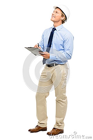 Happy young businessman architect planning ahead isolated on white background Stock Photo