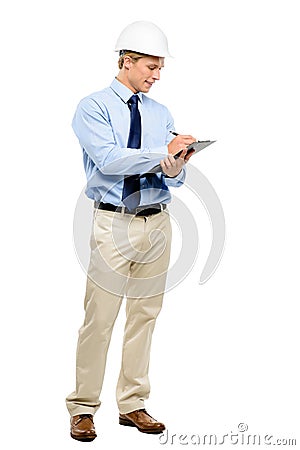 Happy young businessman architect planning ahead isolated on white background Stock Photo
