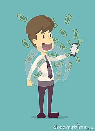 Happy young businessman receiving money from smartphone screen.cartoon of business,employee success is the concept of the man Vector Illustration