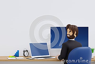 Happy young businessman relaxing working in office, 3D rendering Stock Photo