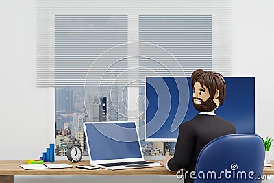 Happy young businessman relaxing working in office, 3D rendering Stock Photo