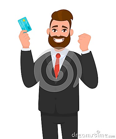 Happy young businessman showing credit, debit, ATM card. Man making raised hand fist gesture. Male character design illustration. Vector Illustration