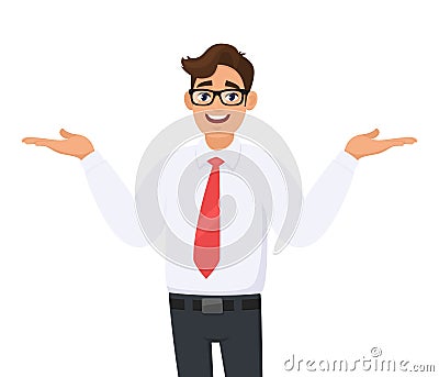 Happy young businessman spreads or gestures hands to copy space side away for advertisement product, introduces or presents. Vector Illustration