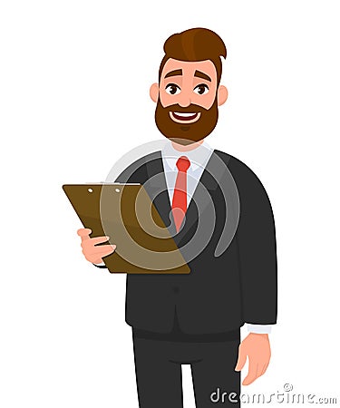 Happy young businessman in suit holding clipboard and posing hand on hip. Person keeping the file pad in hand. Male character. Vector Illustration