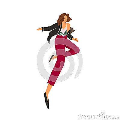 Happy young carefree woman jumping up for fun and joy, feeling freedom. Active excited smiling character with positive Vector Illustration