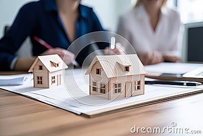 Happy young clients signing mortgage agreement for new home with real estate agent or realtor. Concept of home loan and Stock Photo