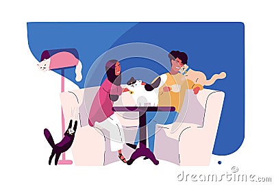 Happy young couple at cat cafe. Smiling man and woman sitting at table surrounded by cute adorable pet animals, watching Vector Illustration