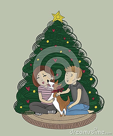 happy young couple with a corgi dog with a red bow around his neck sitting together near the christmas tree at home on a cozy Cartoon Illustration