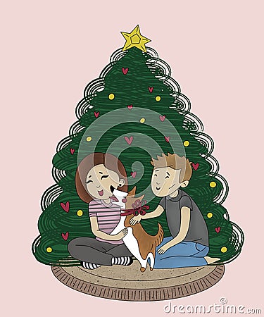 happy young couple with corgi dog with red bow on neck sitting together near christmas tree at home on cozy carpet on christmas Cartoon Illustration
