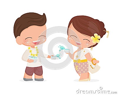 happy young couple enjoy Songkran Thai water new year festival in traditional dress Vector Illustration