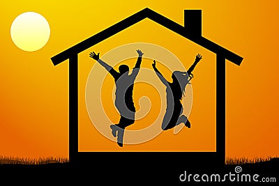 Happy young couple, the family moved into their own new home at sunset vector illustration. Vector Illustration