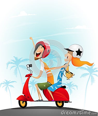 Happy young couple having fun on a scooter Vector Illustration