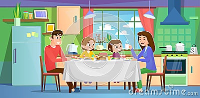 A happy young couple with kids having a meal at home in their kitchen at noon Vector Illustration