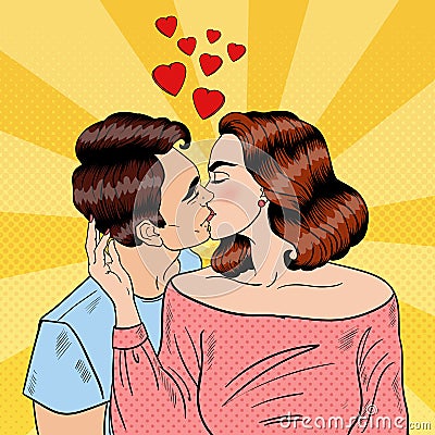 Happy Young Couple Kissing. Pop Art Vector Illustration